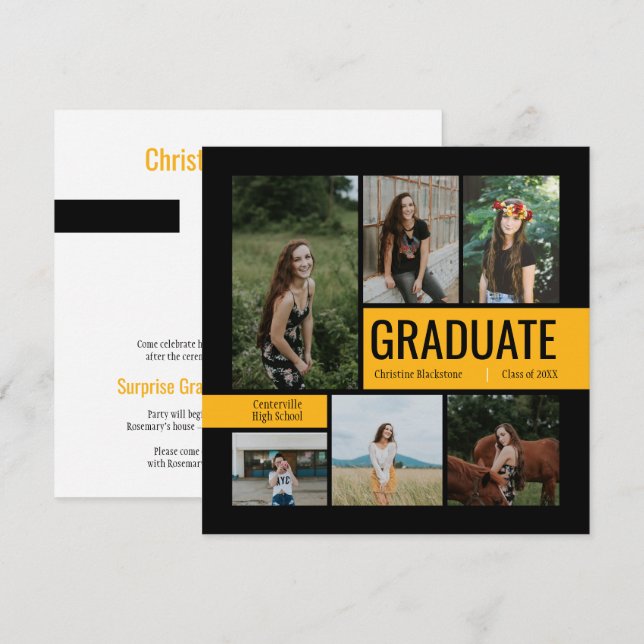 Black & Yellow 6 Photo Graduation Invitation (Front/Back)