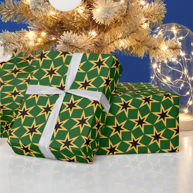 Black Yellow And Green Star Pattern Wrapping Paper (Holidays)