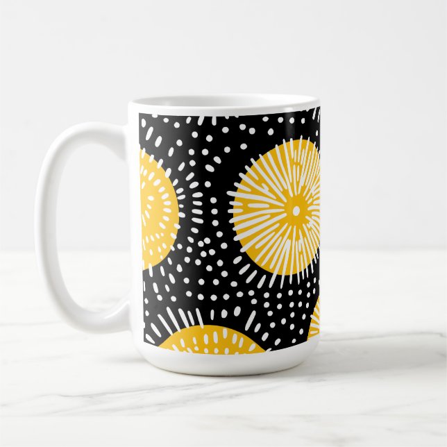 Black yellow and white doodle burst coffee mug (Left)