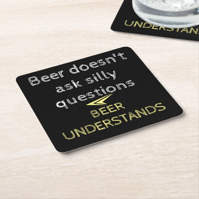 Black yellow and white with beer quote square paper coaster (Angled)