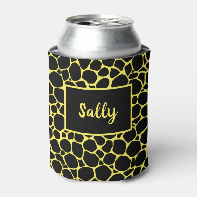 Black Yellow Animal Print Monogram Can Cooler (Can Front)