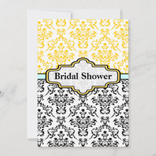 Black yellow aqua damask wedding bridal shower invitation