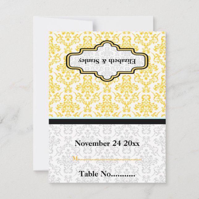 Black yellow aqua damask wedding custom place card (Front)
