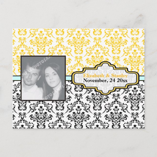 Black yellow aqua damask wedding Save the Date Announcement Postcard (Front)