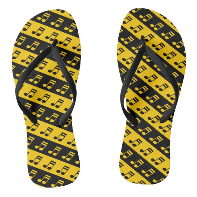 Black & Yellow Beamed Sixteenth Notes Pattern Flip Flops (Footbed)