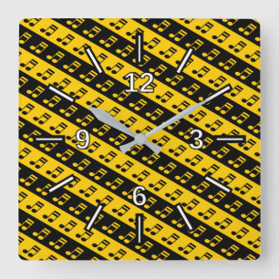 Black & Yellow Beamed Sixteenth Notes Pattern Square Wall Clock