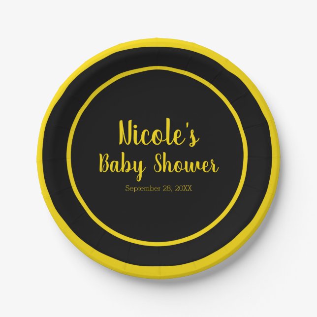 Black & Yellow Bee Theme Baby Shower Paper Plate (Front)