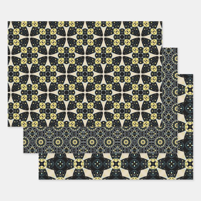 Black Yellow & Beige Elegant Geometric Patterns Wrapping Paper Sheet (Set)