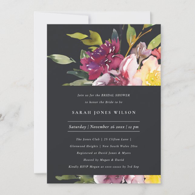 BLACK YELLOW BLUSH BURGUNDY FLORAL BRIDAL SHOWER INVITATION (Front)