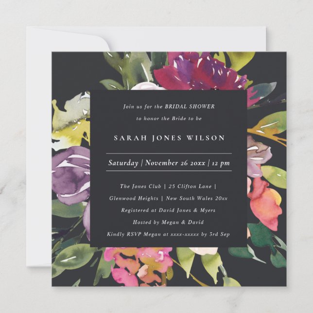 BLACK YELLOW BLUSH BURGUNDY FLORAL BRIDAL SHOWER INVITATION (Front)