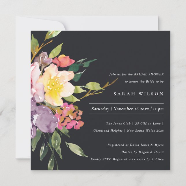 BLACK YELLOW BLUSH BURGUNDY FLORAL BRIDAL SHOWER INVITATION (Front)