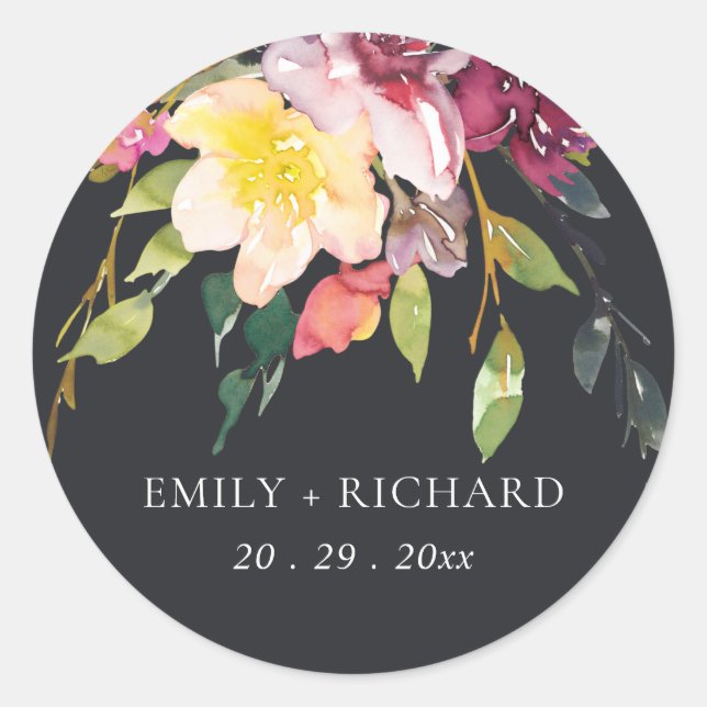 BLACK YELLOW BLUSH BURGUNDY FLORAL BUNCH WEDDING CLASSIC ROUND STICKER (Front)