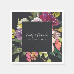 BLACK YELLOW BLUSH BURGUNDY FLORAL BUNCH WEDDING NAPKIN