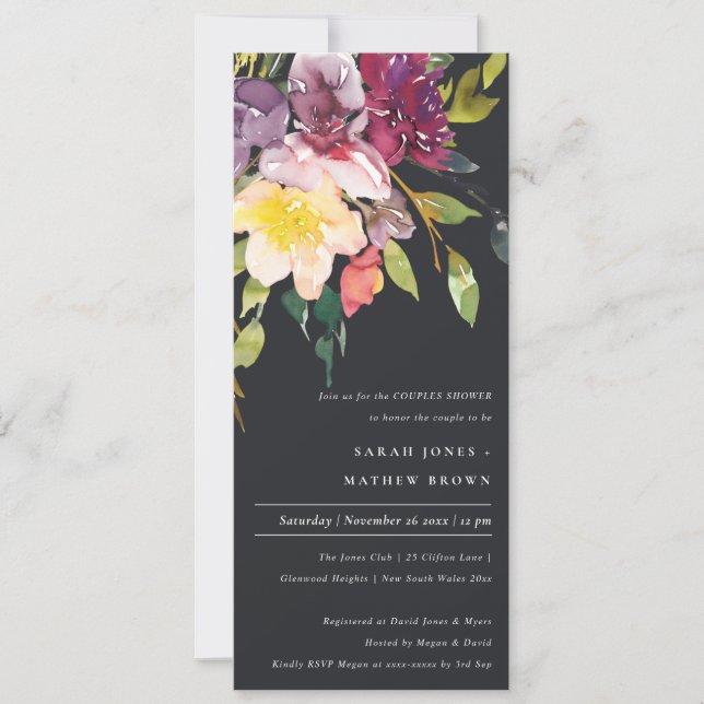 BLACK YELLOW BLUSH BURGUNDY FLORAL COUPLES SHOWER INVITATION (Front)