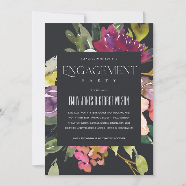 BLACK YELLOW BLUSH BURGUNDY FLORAL ENGAGEMENT INVITATION (Front)