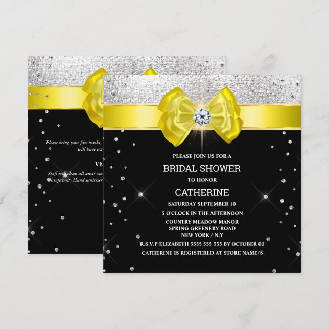 Black yellow bow elegant silver sparkle Invitation (Front/Back)