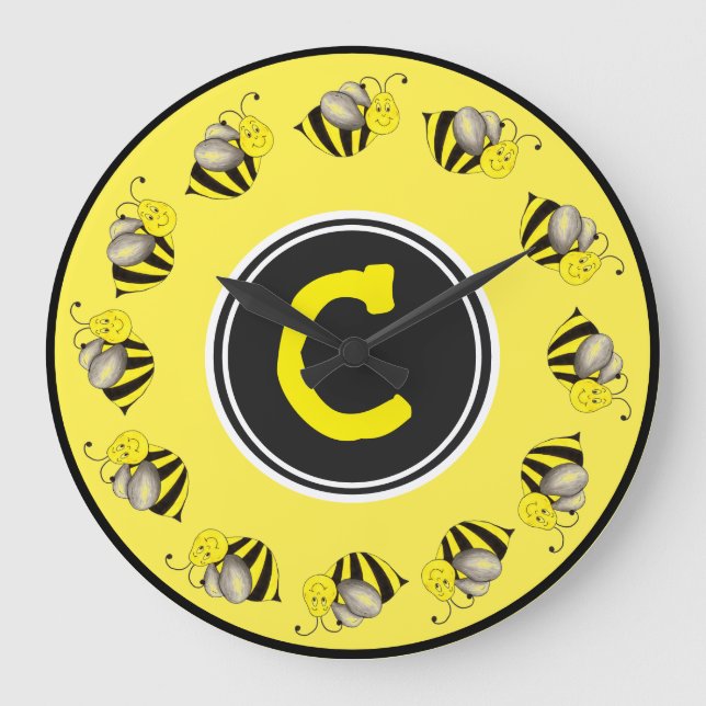 Black Yellow Bumble Bee Bumblebee Initial Large Clock (Front)