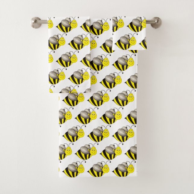 Black Yellow Cartoon Bee Bumblebee Honeybee Bath Towel Set (Insitu)