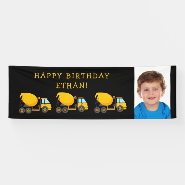 Black Yellow Cement Trucks Child Birthday Photo  Banner (Horizontal)