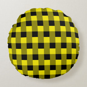 Black & Yellow Checked Round Cushion
