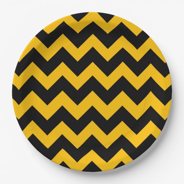 Black Yellow Chevron Zigzag Pattern Paper Plate (Front)