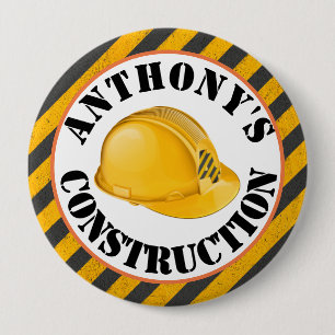 Black & Yellow Construction Hard Hat 4th Birthday 10 Cm Round Badge