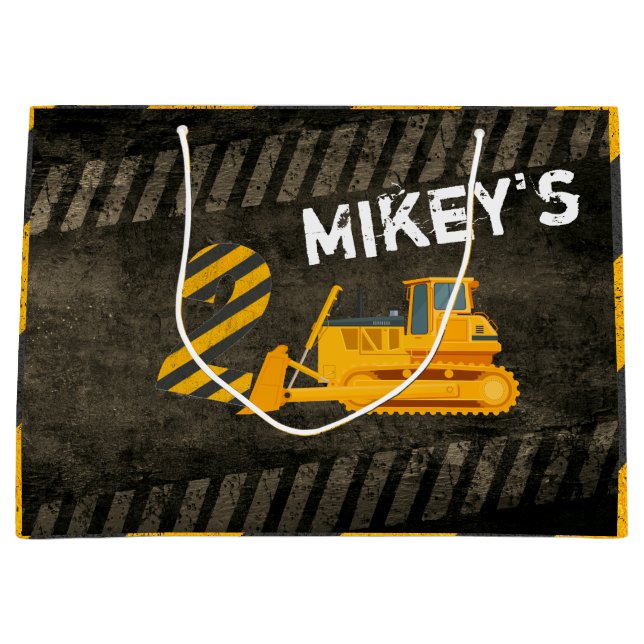 Black & Yellow Construction Vehicle| 2nd Birthday Large Gift Bag (Front)