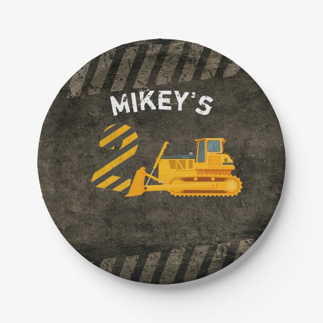 Black & Yellow Construction Vehicle 2nd Birthday Paper Plate (Front)