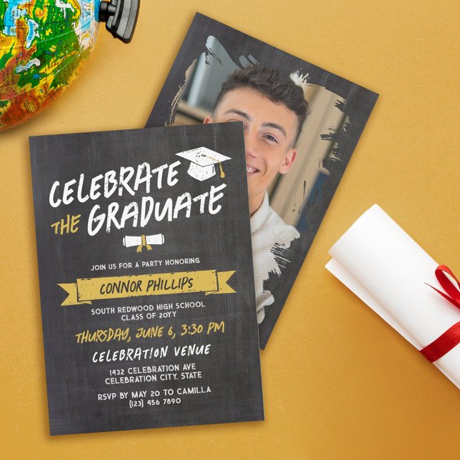 Black Yellow Cool Chalk Celebrate Graduation Party Invitation (Creator Uploaded)