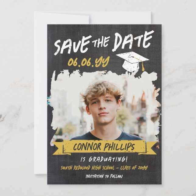 Black Yellow Cool Chalk Photo Graduation Save The Date (Front)