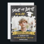 Black Yellow Cool Chalk Photo Graduation Save The Date<br><div class="desc">Cool graduation save the date card with a printed chalkboard background and a cool chalkboard font with a yellow banner and white graduation cap in a distressed look. Add a photo of the graduate inside a brush stroke frame. Distressed chalkboard graduation save the date card personalised with a photo and...</div>