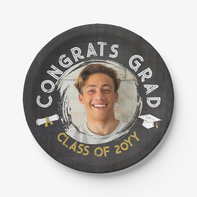 Black Yellow Cool Chalk Photos Congrats Grad Paper Plate (Front)