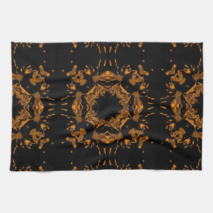 Black, Yellow copper Floral Damasks Retro Pattern Tea Towel