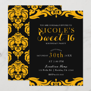 Black & Yellow Damask Chic Elegant Sweet 16 Party Invitation