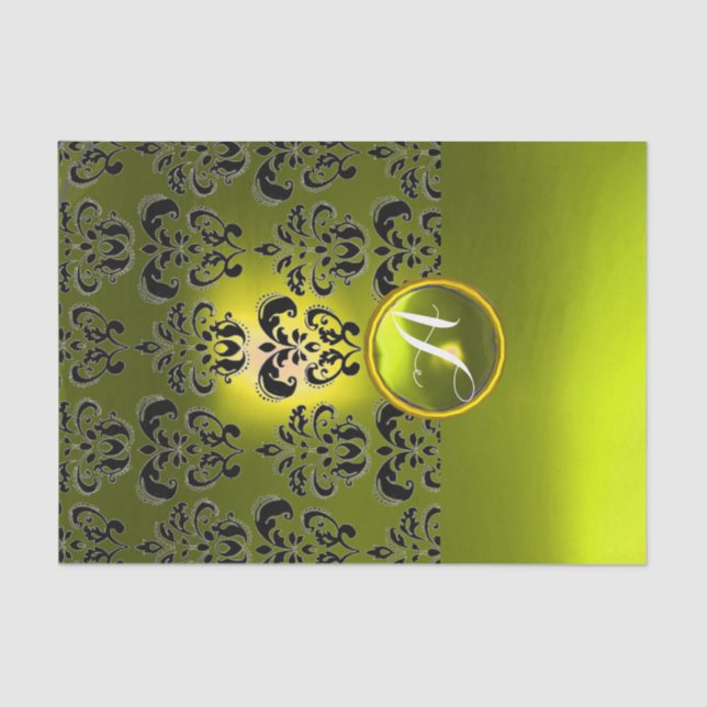 BLACK YELLOW DAMASK GEMSTONE MONOGRAM Floral Tissue Paper (Front)