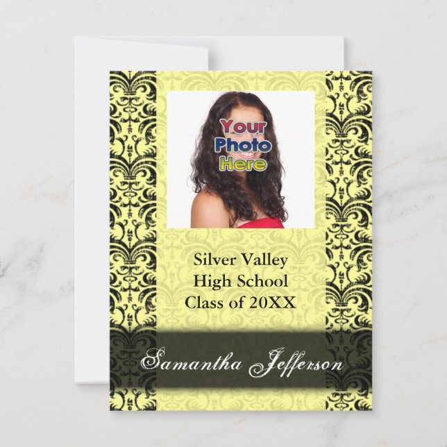 Black Yellow Damask Photo Graduation Announcement (Front)