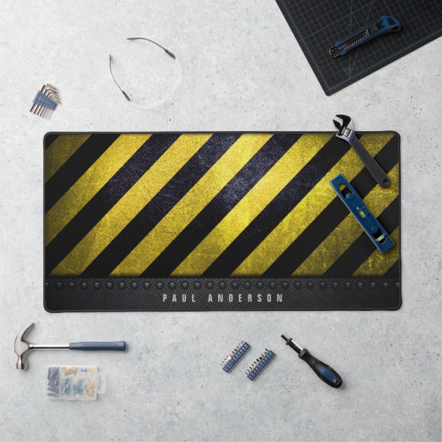 Black Yellow Danger Stripes Construction Engineer Desk Mat (Workstation)