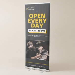 Black Yellow Dark Modern Open Every Day Barbershop Retractable Banner
