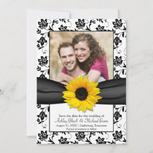 Black Yellow Floral Damask Sunflower Save the Date