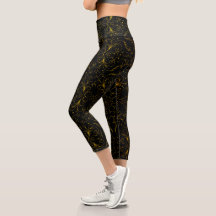 Black Yellow Floral Swirls High Waisted Capris
