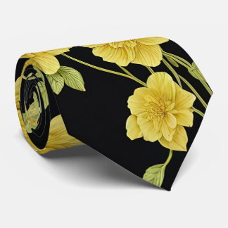 Black Yellow Flowers Gold Green Wedding Neck Tie