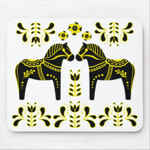 Black/yellow Folk Dala horse/Folk Friesian Mouse Mat
