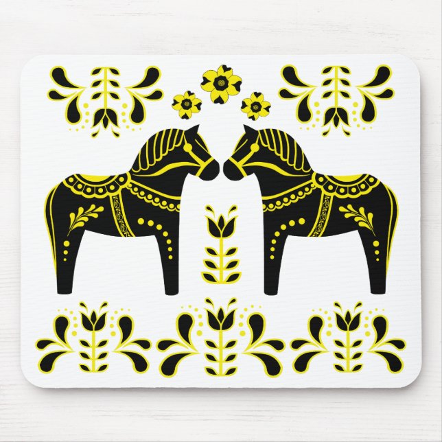 Black/yellow Folk Dala horse/Folk Friesian Mouse Mat (Front)