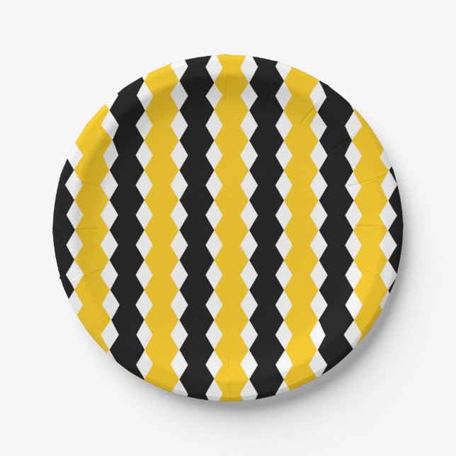 Black & Yellow Geometric Funky Modern Pattern Paper Plate (Front)