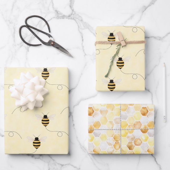 Black Yellow Gold Bees Baby Shower Wrapping Paper Sheet (Front)