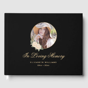 Black Yellow Gold Floral Memorial Funeral Photo Guest Book