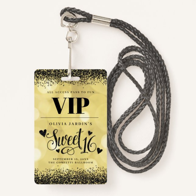 Black & Yellow Gold Glam Sweet 16 ID Badge (Front with Lanyard)