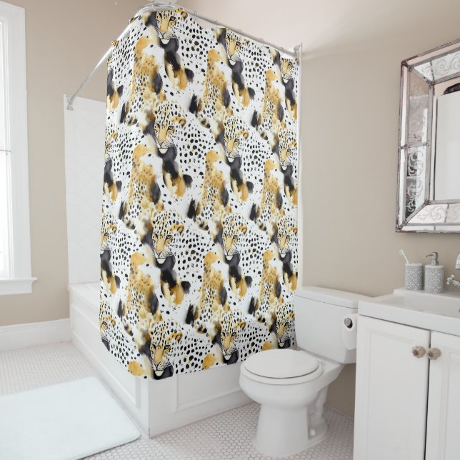 Black Yellow Gold Leopards Animal Print Shower Curtain (In Situ)
