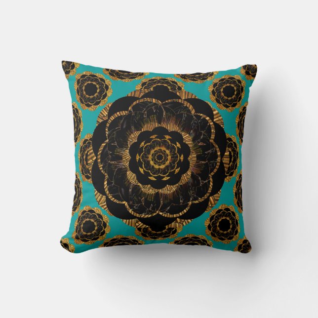 Black Yellow Gold Mandala Design - Aqua Cushion (Front)