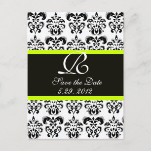 BLACK  YELLOW GREEN AND WHITE DAMASK MONOGRAM ANNOUNCEMENT POSTCARD